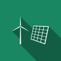 Wind mill turbines generating electricity and solar panel icon isolated with long shadow. Energy alternative, concept of Royalty Free Stock Photo