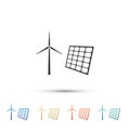 Wind mill turbines generating electricity and solar panel icon isolated on white background. Energy alternative, concept Royalty Free Stock Photo