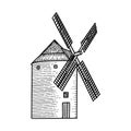 Wind mill, windmill hand drawn sketch vector engraved illustration. Ethcing medieval building emblem, logo, banner, badge for