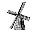 Wind mill, windmill hand drawn sketch vector engraved illustration. Old building emblem, logo, banner, badge for poster