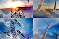 Wind mills and electric tower collage Royalty Free Stock Photo