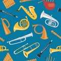 Wind musical instrument with truphet, flute, saxsaphone and hornpipe seamless pattern vector illustration. Royalty Free Stock Photo