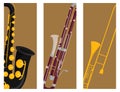 Wind musical instruments cards tools acoustic musician equipment orchestra vector illustration