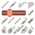 Wind musical instruments with the name in a thin line. Set of wind musical instruments Royalty Free Stock Photo