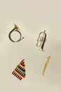 Wind musical instruments - pan flute, blockflute, pipe and hunting horn on light background Royalty Free Stock Photo