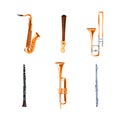 Wind Musical Instruments with Tenor Saxophone, Trombone, Trumpet, Clarinet and Flute Vector Set