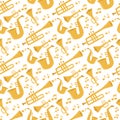 Wind musical instruments tools acoustic musician equipment orchestra seamless pattern background vector illustration