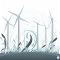 wind power banner with wind turbines and plants, in the style of simple yet powerful forms