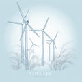 wind power banner with wind turbines and plants, in the style of simple yet powerful forms