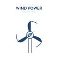 Wind power icon. Vector illustration of a three-blade wind turbine with a leaf eco symbol. Represents concept of wind power