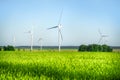 Wind power plant in the bright green field Royalty Free Stock Photo