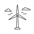 Wind power plant. Linear icon of air green energy. Black illustration of electric station, windmill with clouds. Contour isolated Royalty Free Stock Photo