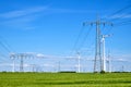 Wind power plants and overhead power lines Royalty Free Stock Photo