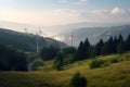 wind power station and beautiful green hills with forest, earth day, TUNGSTEN LIGHT, Generative AI