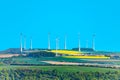 Wind power turbine generators rotate in a field Royalty Free Stock Photo