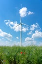 Wind power wheel on a wild flower field with nice blue sky Royalty Free Stock Photo