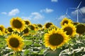 Wind power with wind turbine against blue sky producing renewable energy Royalty Free Stock Photo