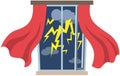 Wind, rain, thunder, lightning outside window with curtains. View of rainy bad weather, thunderstorm Royalty Free Stock Photo