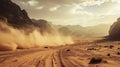 The wind raises the dust in Wadi Rum, Sahara or Arabian desert. Ai Generative