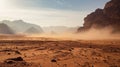 The wind raises the dust in Wadi Rum, Sahara or Arabian desert. Ai Generative