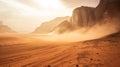 The wind raises the dust in Wadi Rum, Sahara or Arabian desert. Ai Generative