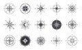 Wind rose. Compass signs. Nautical instruments for north orientation. Black and white contour cartographic symbols. Silhouettes of