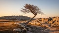 Wind sculpted tree on hillside epitomizing the essence of untamed nature and wilderness Royalty Free Stock Photo