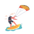 Wind Surfing Recreation in Ocean. Young Man Surfer Character in Swim Wear Riding Sea Wave on Board with Parachute Royalty Free Stock Photo