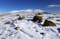 Wind swept snow between boulders below Hofsjokull Volcano, Iceland