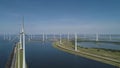 Wind turbine from aerial view, Drone view at windpark krammersluizen a windmill farm in the lake grevelingen in the Netherlands,