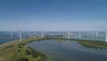 Wind turbine from aerial view, Drone view at windpark krammersluizen a windmill farm in the lake grevelingen in the Netherlands,