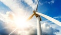 Wind Turbine Against a Clear Blue Sky with Clouds and Sunbeams - Generative Ai Royalty Free Stock Photo