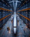 Aerial View: Silver Airplane in Hangar, Yellow Machinery, Metal Construction Beams Overhead Drone Royalty Free Stock Photo
