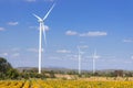 Wind turbine in blue sky with clouds background. Clean energy, renewable energy and ecology concept Royalty Free Stock Photo