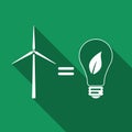 Wind turbine and bulb with leaves as idea of eco-friendly source of energy flat icon with long shadow Royalty Free Stock Photo