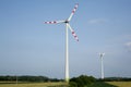 Wind turbine is the clean energy for keep clean the earth.wind power plant on green meadow against blue sky Royalty Free Stock Photo