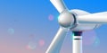 Wind Turbine close up. Abstract wind power station producing renewable alternative energy on clear sky background in the morning. Royalty Free Stock Photo