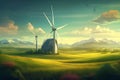 wind turbine energy generator with green field landscape ai generator Royalty Free Stock Photo
