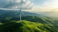 a wind turbine farm atop rolling hills generating electricity Global Warming solution Royalty Free Stock Photo