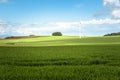 Wind turbine in a field and blue sky Royalty Free Stock Photo