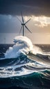 Wind turbine generating power in rough ocean waves under a dramatic sky Royalty Free Stock Photo