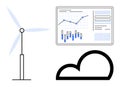 Wind turbine generating renewable energy with data analytics on screen and cloud computing concept Royalty Free Stock Photo