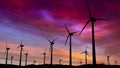 Wind turbine green energy farm at sunset - 3d animation.