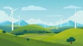 Wind turbine on green hills vector illustration. Alternative energy source. Windmill on meadow.