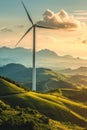 A wind turbine on a hillside with green hills in the background, AI Royalty Free Stock Photo
