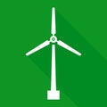 Wind turbine icon with long shadow, green energy symbol, windmill silhouette, white isolated on green background, vector illustrat Royalty Free Stock Photo
