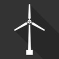 Wind turbine icon with long shadow, windmill silhouette, white isolated on black background, vector illustration. Royalty Free Stock Photo