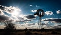 Wind turbine propeller back lit by sunset over rural meadow generated by AI Royalty Free Stock Photo