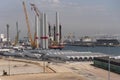 Wind turbine ship loading components in Le Havre port, France.