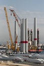 Wind turbine ship loading in the Port of Leaver, France. Turbine components on the quay. Royalty Free Stock Photo